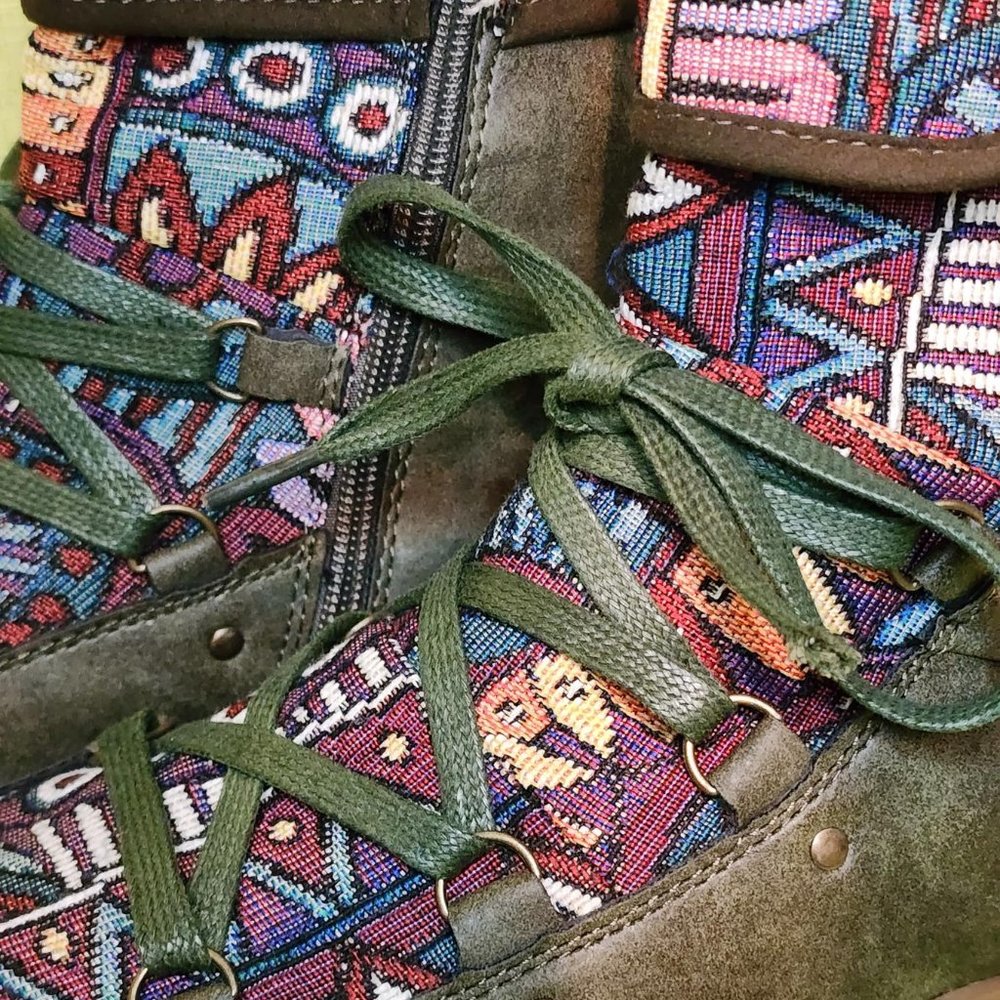 Cool Boho ankle boots size 10 green leather with funky patterned woven cloth.